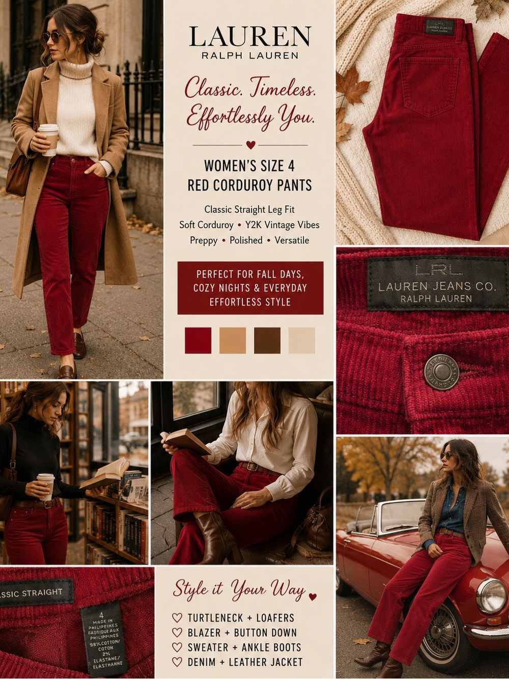 Lauren Ralph Lauren Corduroy Pants 4 Red Straight Leg Vintage Preppy Academia